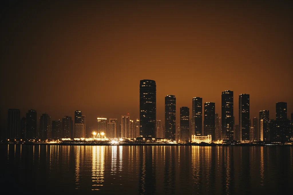 The Doha skyline at night seen across the water of the Corniche