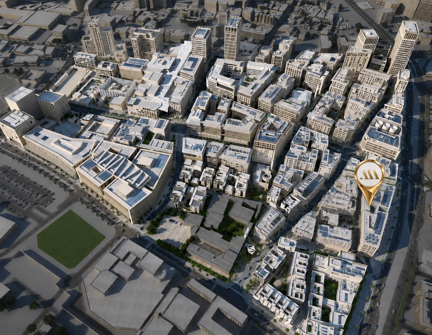 Aerial view of downtown Doha, with the firm's office marked