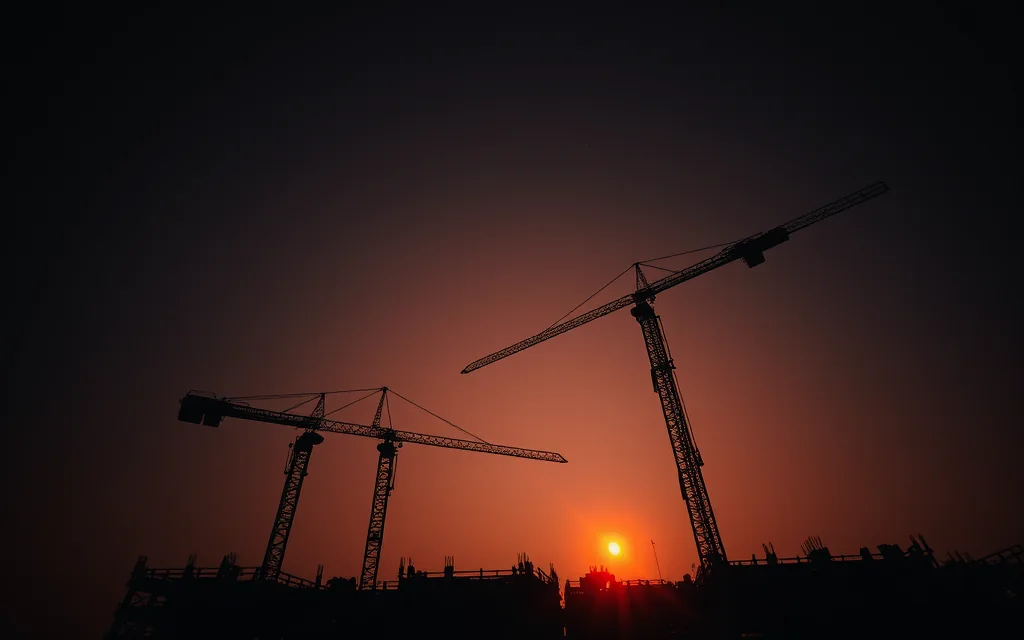 Tower cranes silhouetted over a construction site at dusk