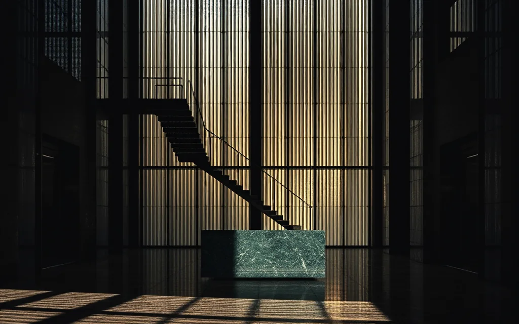 Double-height lobby of a Gulf investment firm with a green marble reception desk