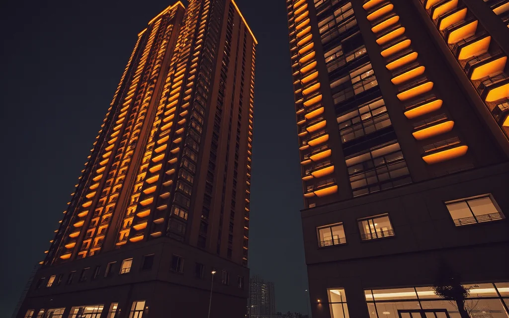 Newly completed residential towers in Lusail lit at night